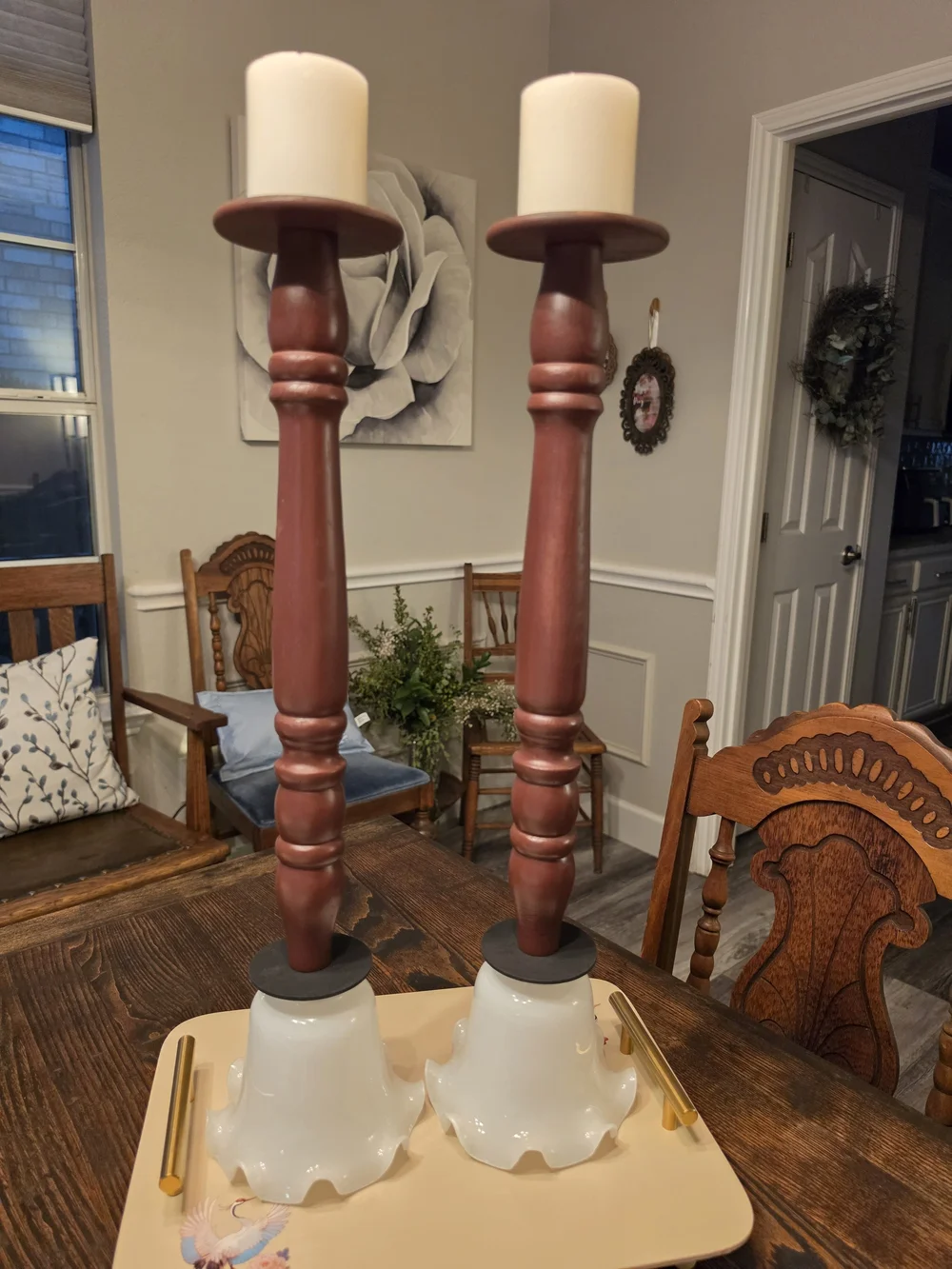 Vintage Wood candlestick holders glass tulip-shaped hurricane shade bobeches